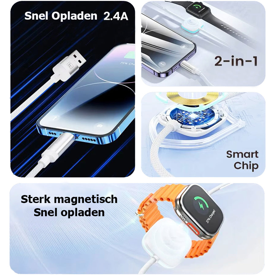 2-in-1 Oplaadkabel (USB-A) met Apple Watch oplader en Lightning connector