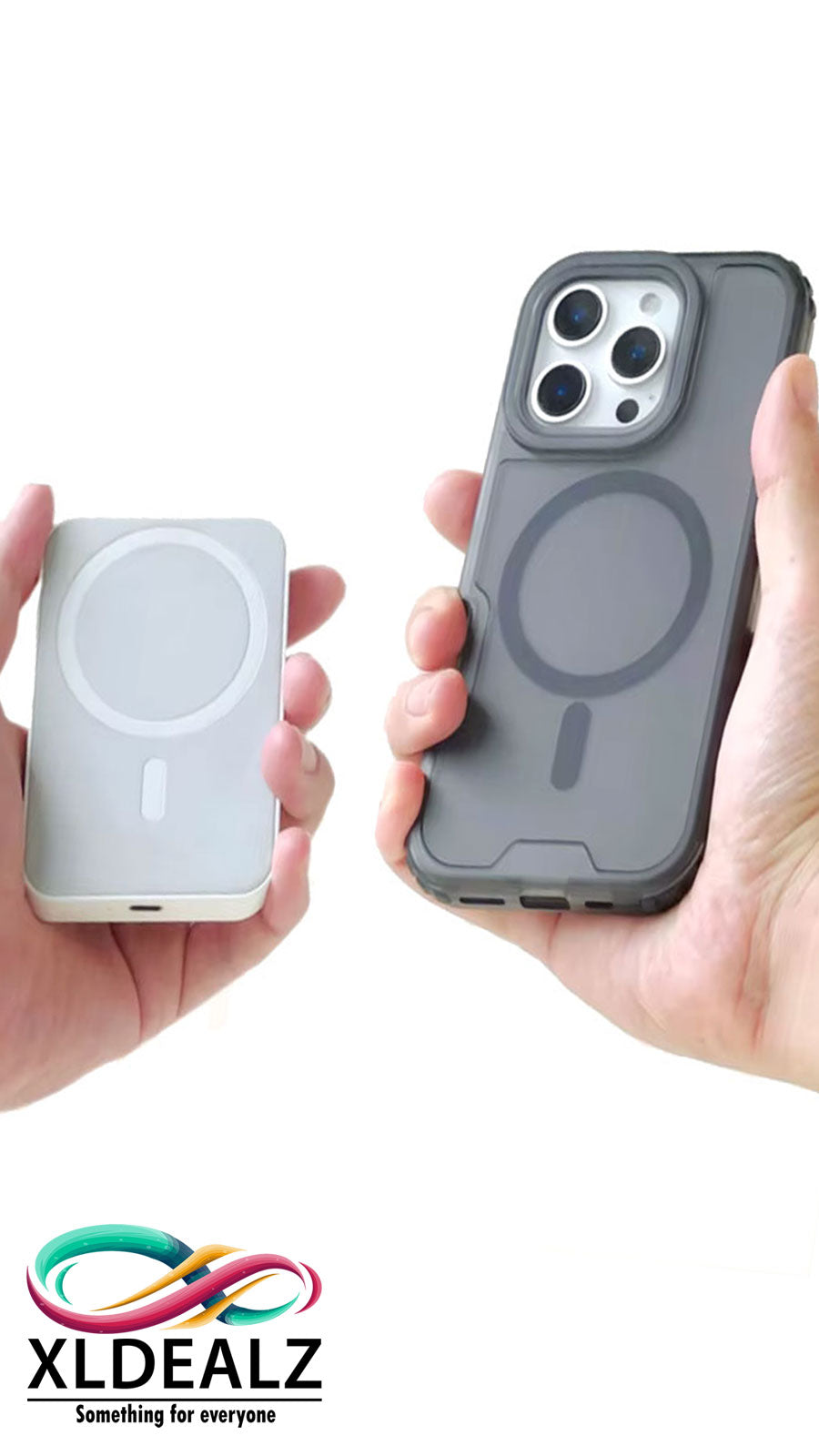 3 IN 1 doorzichtige Mag Safe hoes voor iPhone 16, 15, 14, 13, Pro,Max grijs met powerbank