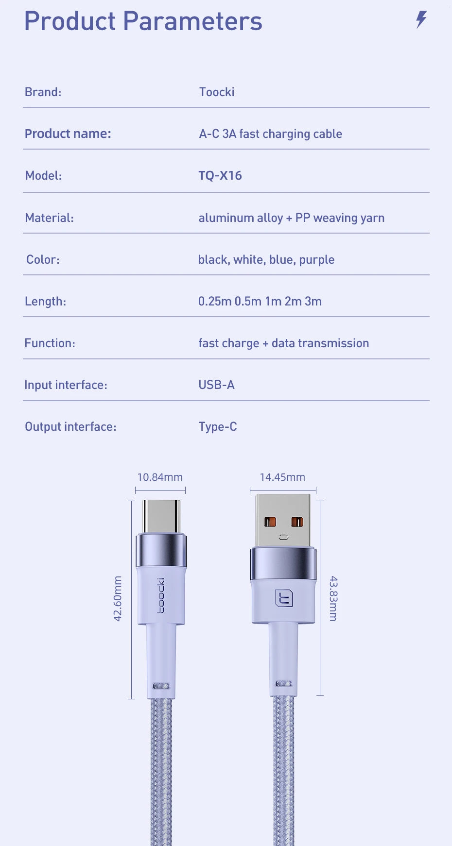 3A USB Type C-kabel voor snel opladen, Type C Specificaties