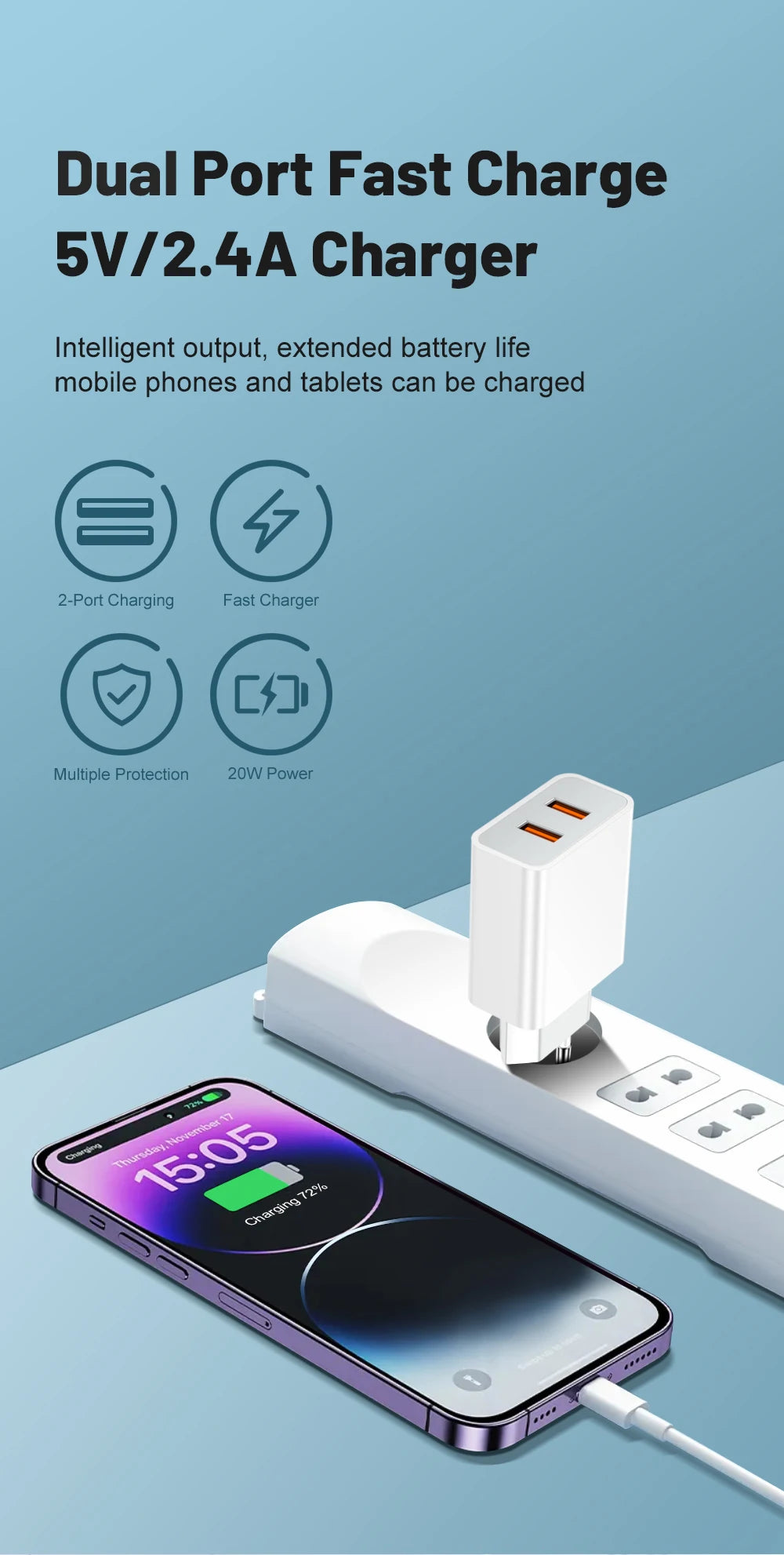 USB Snellader 2Poorten-Fastcharger -2xUSB