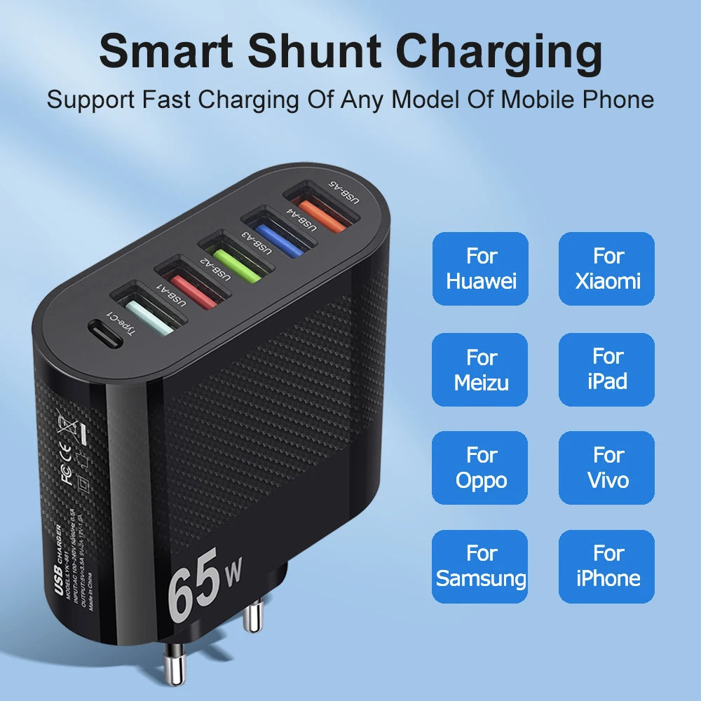 6-poorts oplader: 5× USB-A + 1× USB-C