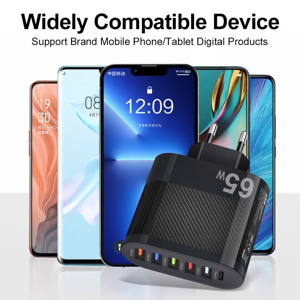 6-poorts oplader: 5× USB-A + 1× USB-C