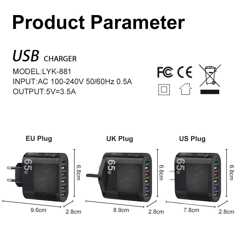 6-poorts oplader: 5× USB-A + 1× USB-C