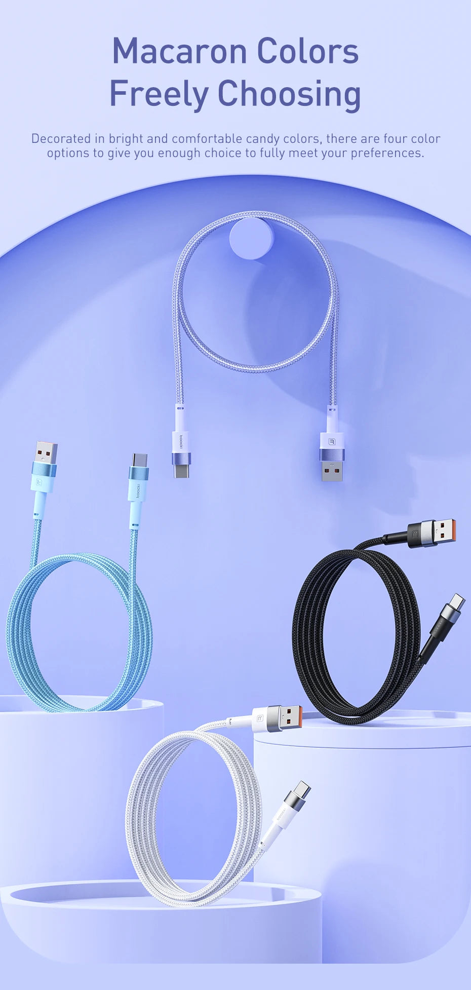 3A USB Type C-kabel voor snel opladen, Type C verschillende kleuren