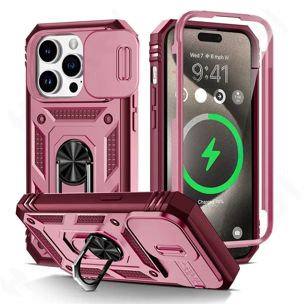 Pantser Hoes voor iPhone 16 15 14 Pro en Plus van Militaire kwaliteit met camerabescherming / slide.