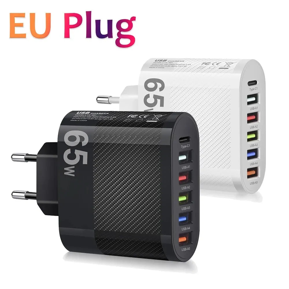 6-poorts oplader: 5× USB-A + 1× USB-C