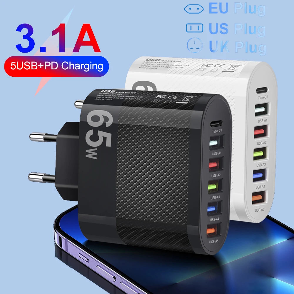 6-poorts oplader: 5× USB-A + 1× USB-C