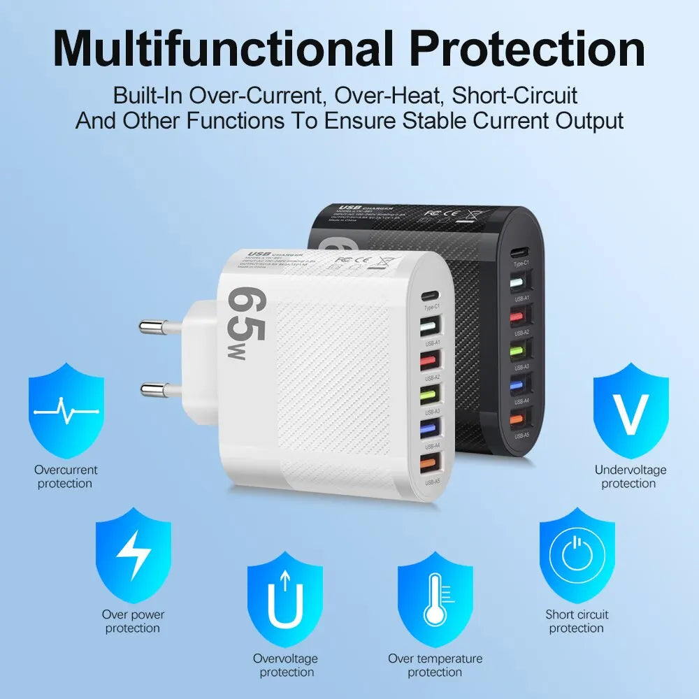 6-poorts oplader: 5× USB-A + 1× USB-C
