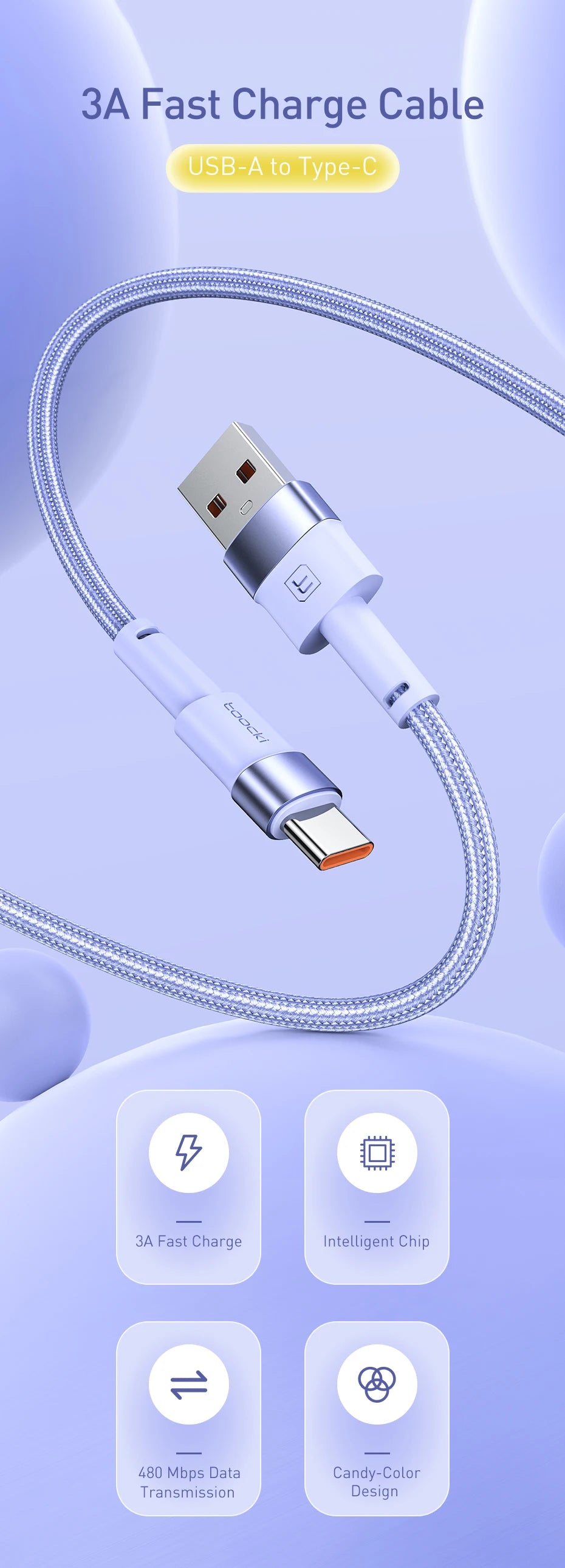 3A USB Type C-kabel voor snel opladen, Type C Snelle laden
