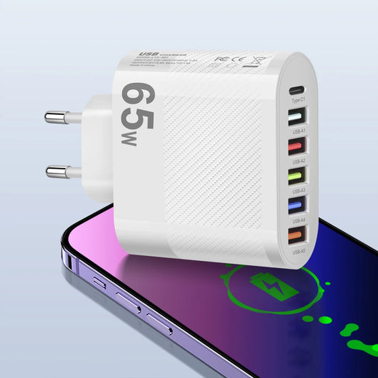 6-poorts oplader: 5× USB-A + 1× USB-C