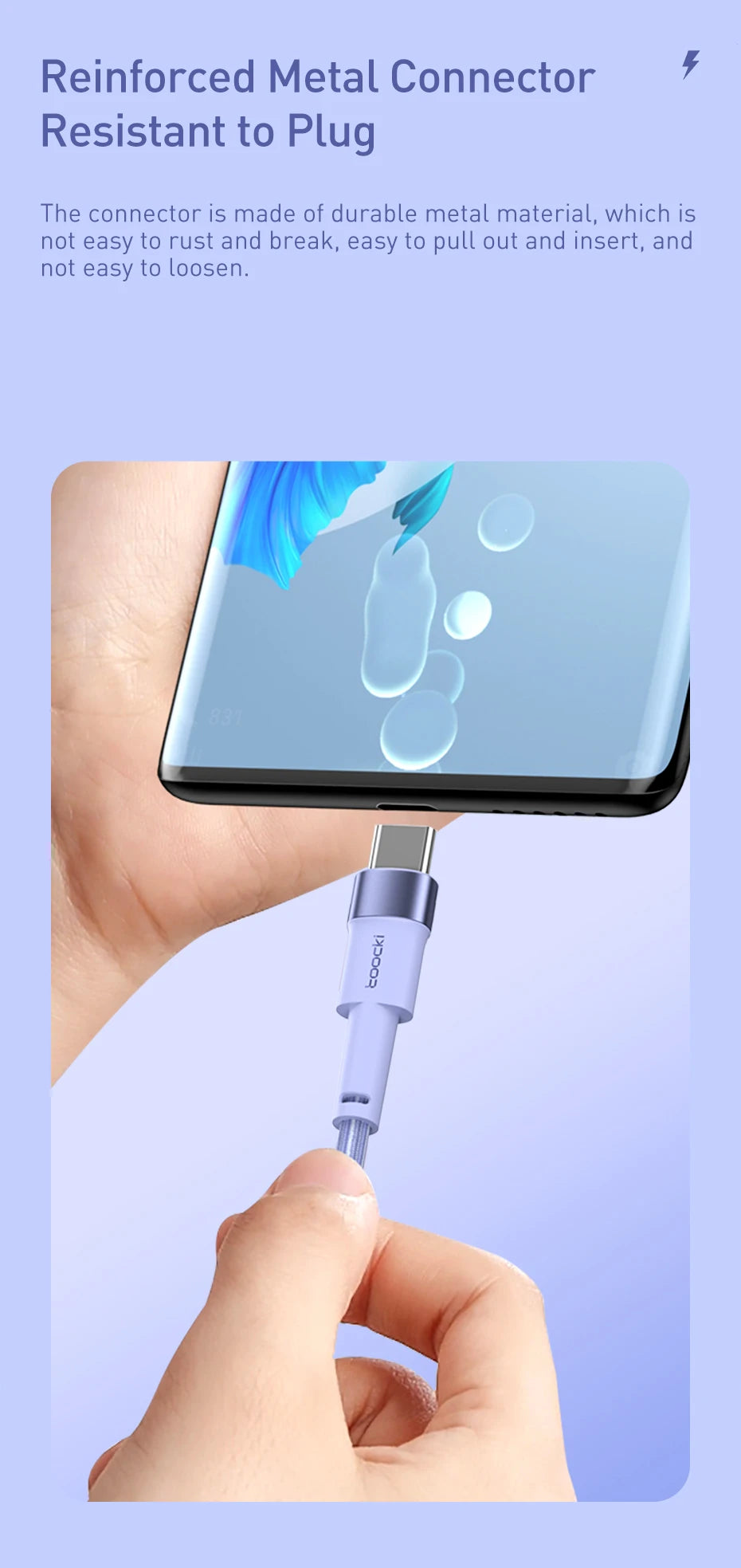 3A USB Type C-kabel voor snel opladen, Type C versterkte connector