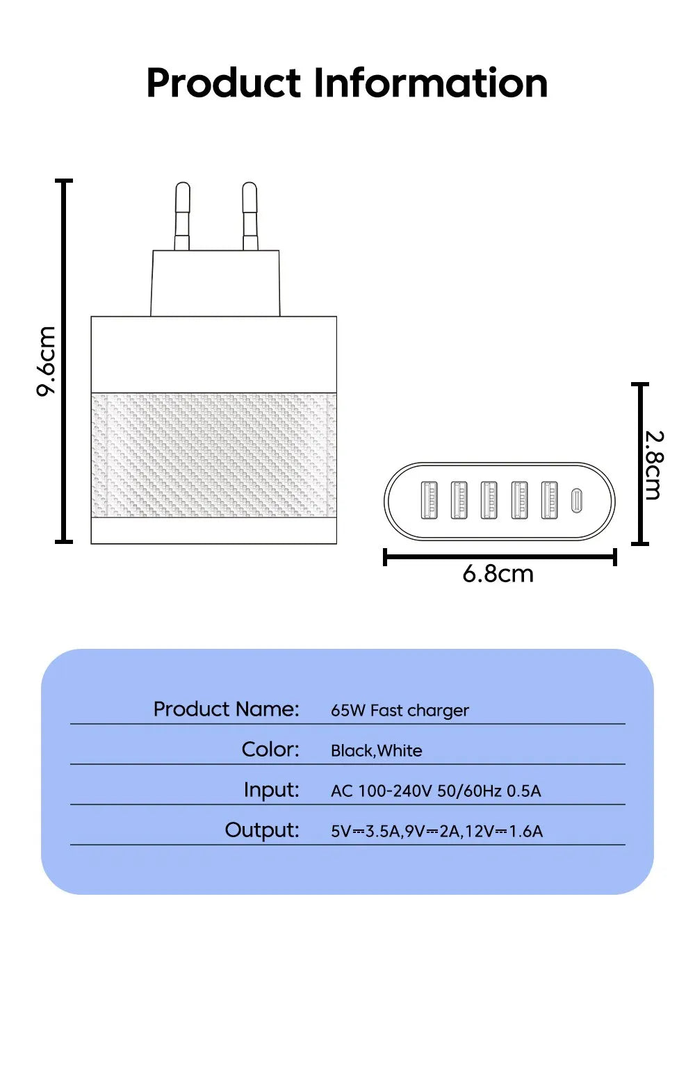 6-poorts oplader: 5× USB-A + 1× USB-C