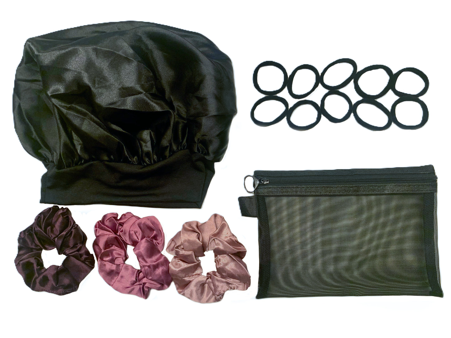 Satijnen Nachtmuts met Brede Rand, 3 Scrunchies en 10 Elastiekjes - Inclusief Handig Etui