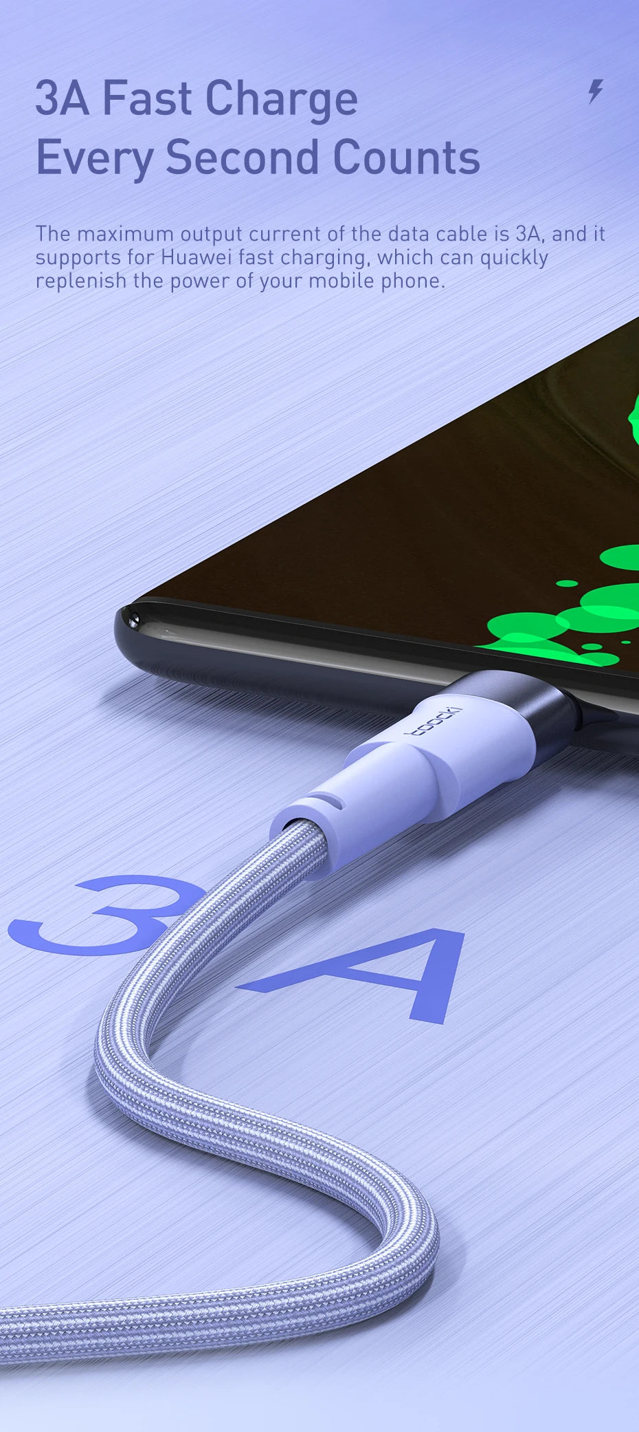 3A USB Type C-kabel voor snel opladen, Type C Super snel laden