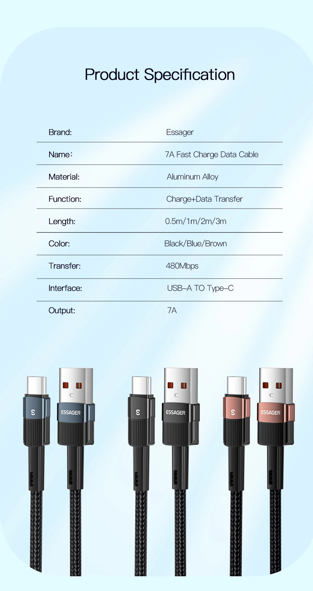 7A USB Type-C Kabel, Brown 7A 100W A To C bruin specificaties