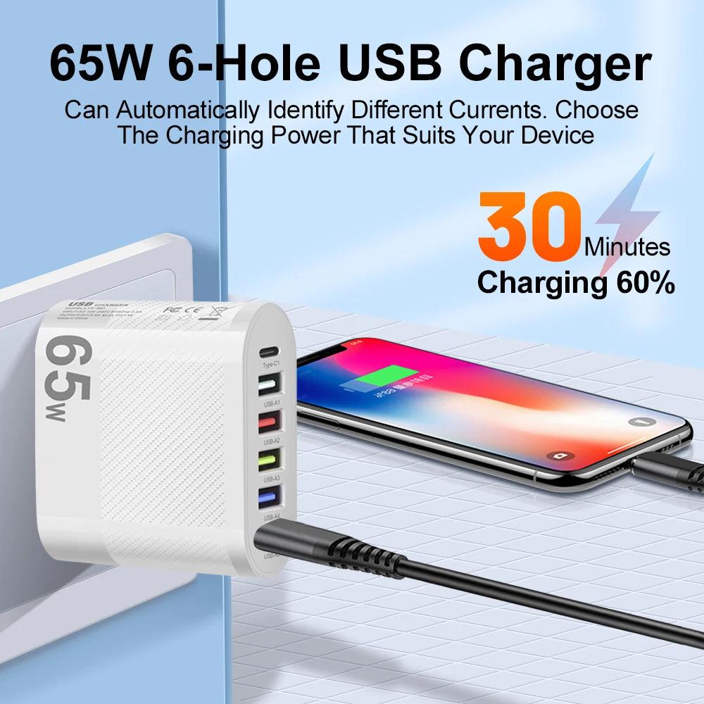 6-poorts oplader: 5× USB-A + 1× USB-C