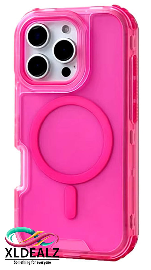 3 IN 1 doorzichtige Mag Safe hoes voor iPhone 16, 15, 14, 13, Pro,Max Neon rose