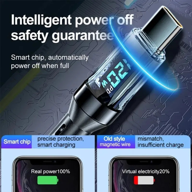 120W Snellader kabel Type C naar USB-C met digitale weergave