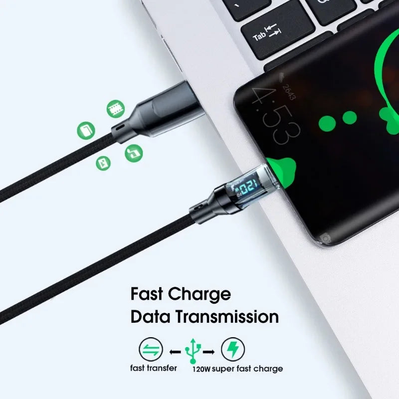 120W Snellader kabel Type C naar USB-C met digitale weergave