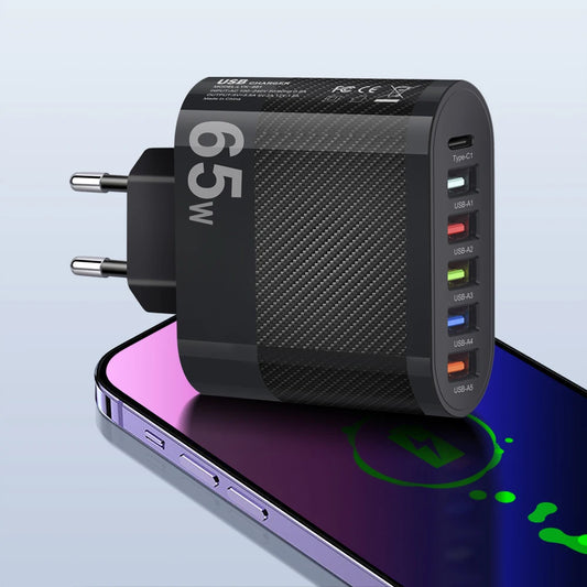 6-poorts oplader: 5× USB-A + 1× USB-C