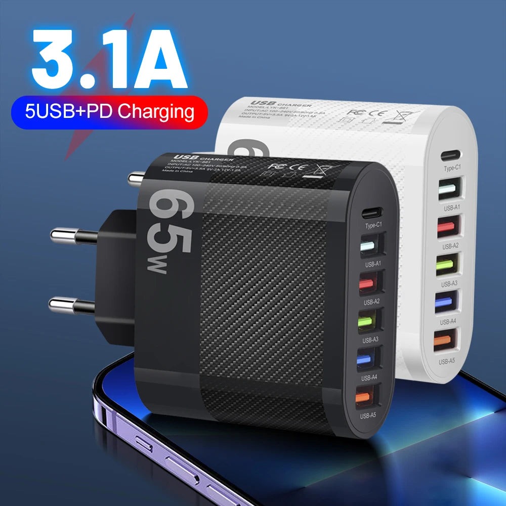 6-poorts oplader: 5× USB-A + 1× USB-C