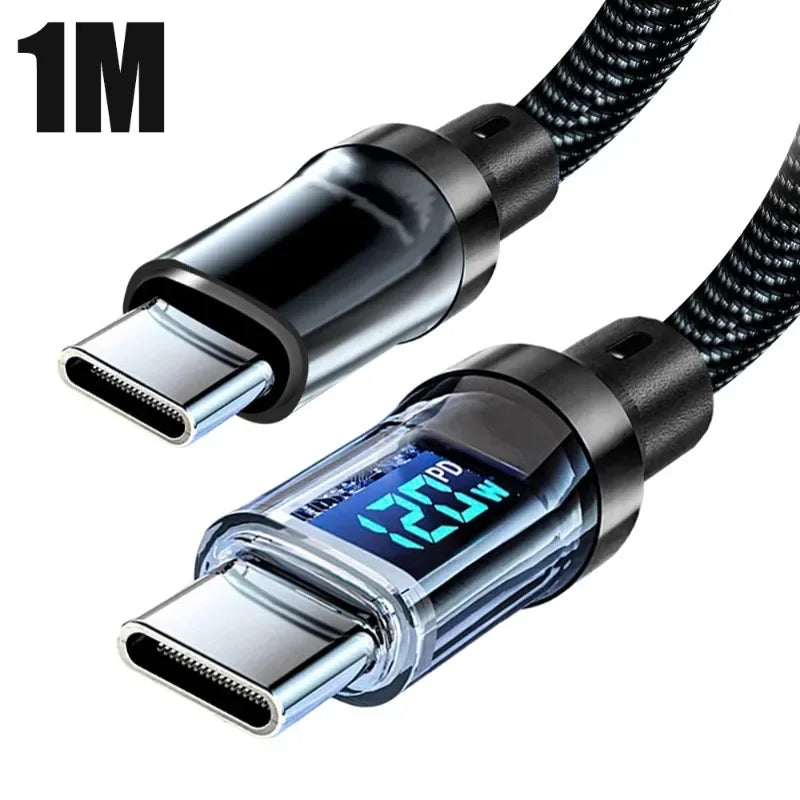 120W Snellader kabel Type C naar USB-C met digitale weergave