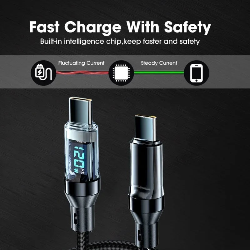 120W Snellader kabel Type C naar USB-C met digitale weergave
