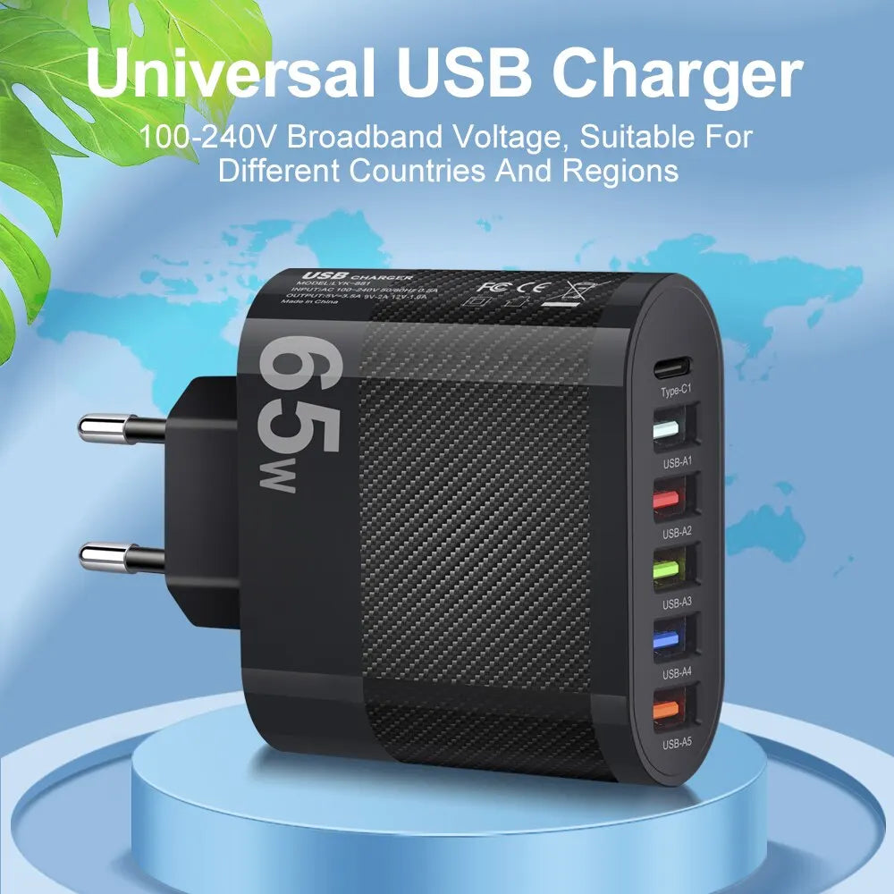 6-poorts oplader: 5× USB-A + 1× USB-C