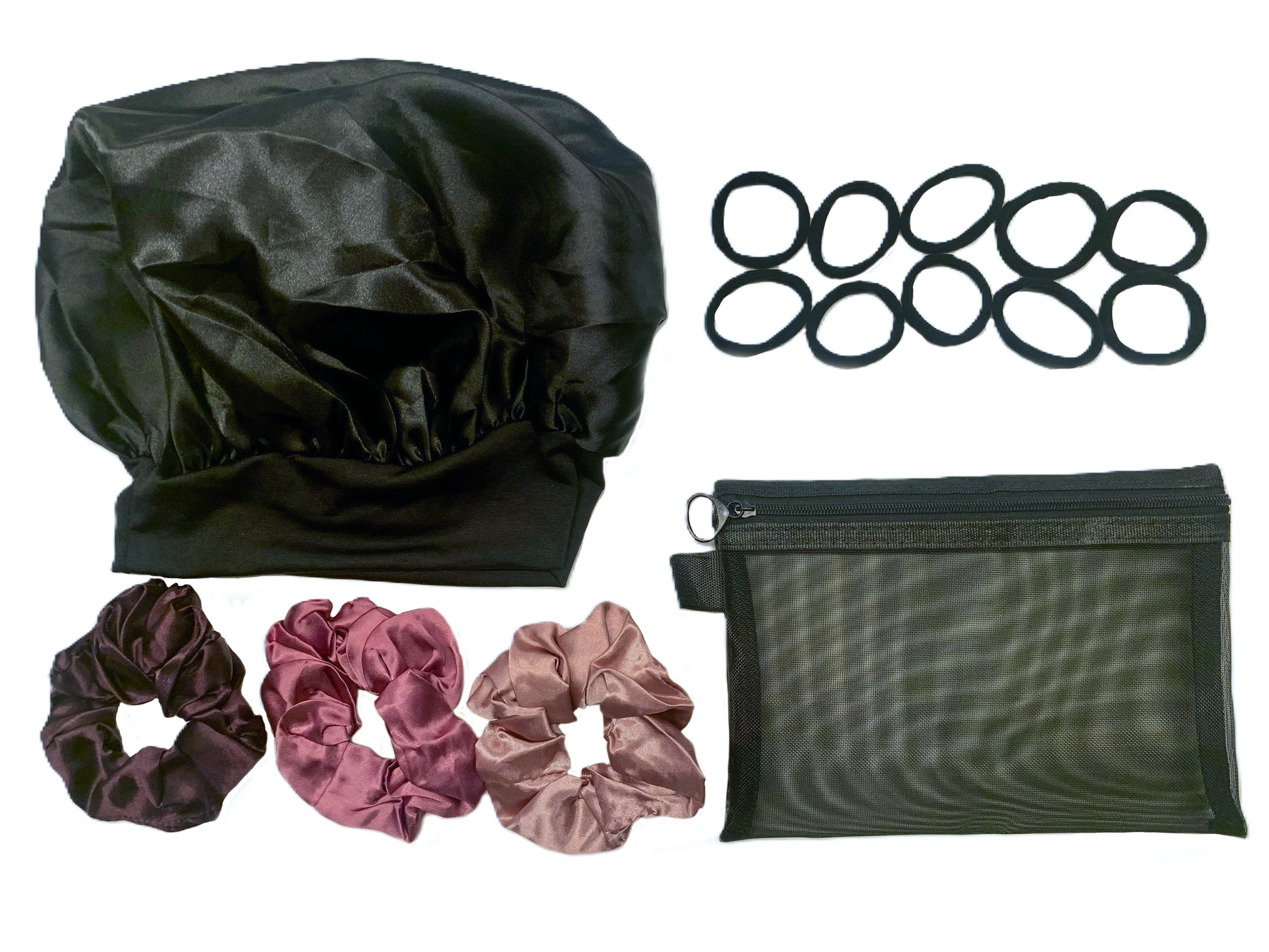 Satijnen Nachtmuts met Brede Rand, 3 Scrunchies en 10 Elastiekjes - Inclusief Handig Etui