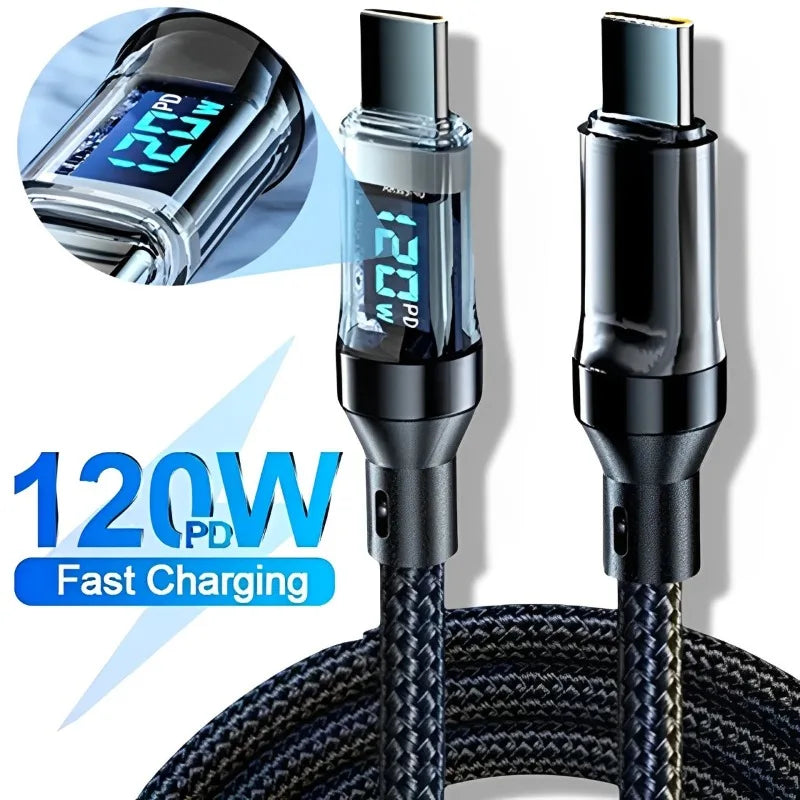 120W Snellader kabel Type C naar USB-C met digitale weergave