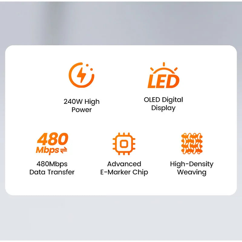 USB-C Kabel 240W met PD & E‑Marker – Razendsnel Snelladen iPhone, Samsung, MacBook