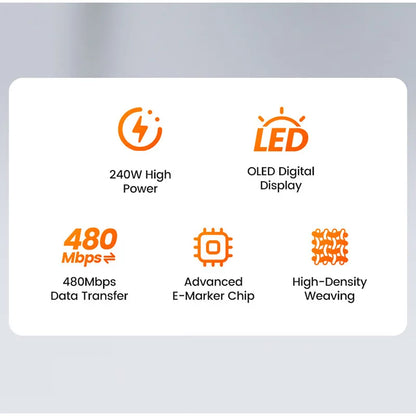 USB-C Kabel 240W met PD & E‑Marker – Razendsnel Snelladen iPhone, Samsung, MacBook