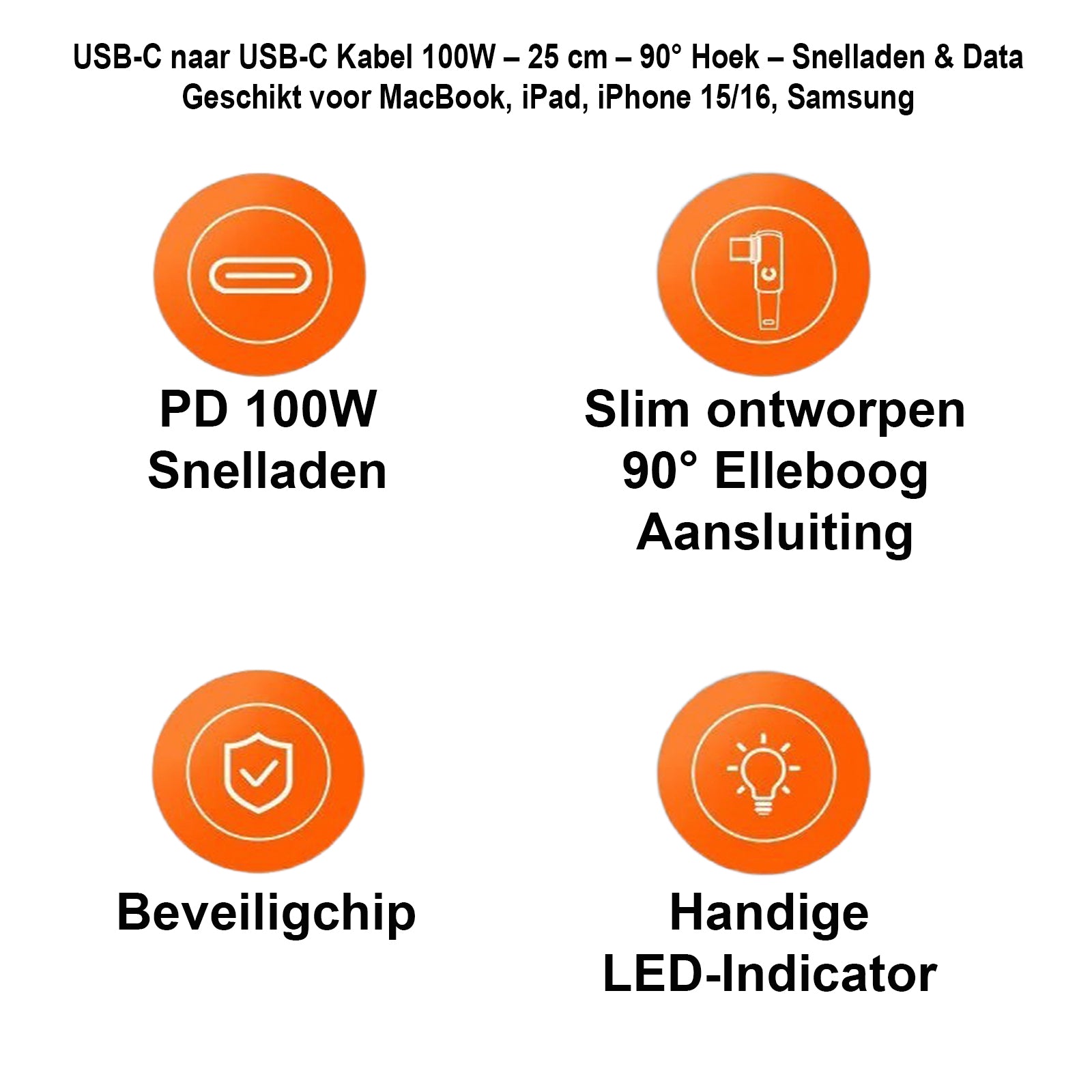 USB-C naar USB-C Kabel 100W – 25 cm